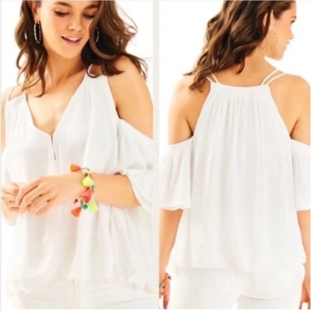 Lilly Pulitzer Bellamie Cold Shoulder Top White Rayon Gauze Size XS